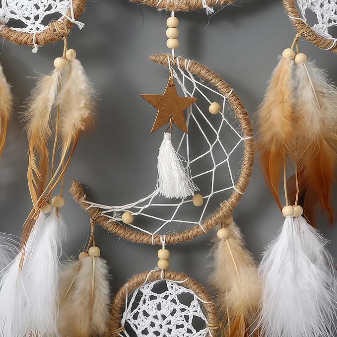 Set of 5 Boho, Hanging Large Boho Dream Catcher Macrame Wall Hanging Moon Dream Catcher Set Dream Catchers Wall Decor for Vintage Wedding Home Decorations (E)