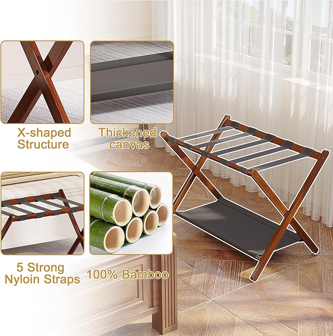 Bamboo Luggage Rack for Guest Room, 26.77" Folding Wide Suitcase Stand with Fabric Storage Shelf, Thickened Luggage Stand Holder for Bedroom Hotel, Luggage Rack for Suitcases (1 Pack - Brown)
