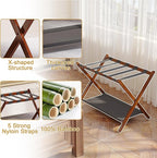 Bamboo Luggage Rack for Guest Room, 26.77" Folding Wide Suitcase Stand with Fabric Storage Shelf, Thickened Luggage Stand Holder for Bedroom Hotel, Luggage Rack for Suitcases (1 Pack - Brown)