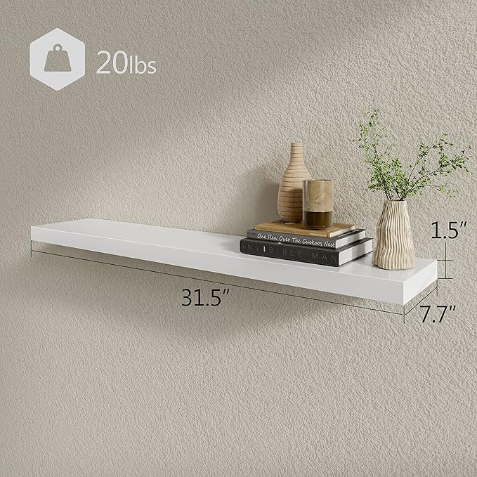BAMEOS Floating Shelves, 31W x 8D Wall Mounted Display Shelves with Invisible Brackets, Set of 2 | Lightweight Décor Shelf for Bedroom, Living Room, Bathroom & Entryway White