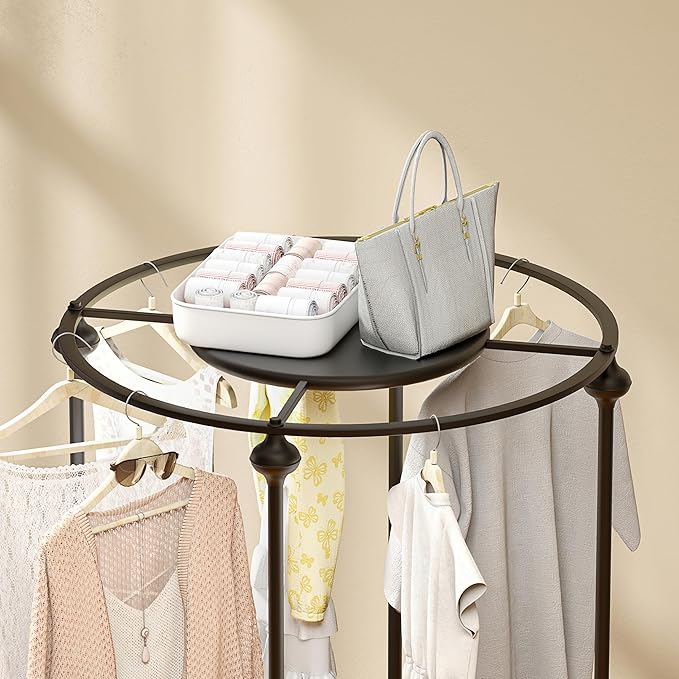Round Clothes Display Retail Rack, Floor-Standing Heavy-Duty Garment Hanging Rack, Clothing Racks with Topper, Multi-Purpose Clothing Organizer for Boutique Retail Store Laundry Home Black