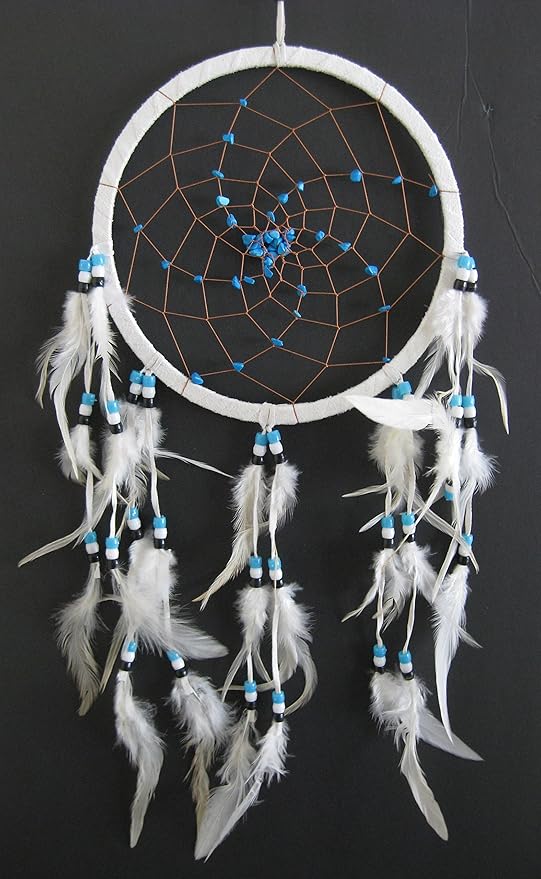 Dream Catcher Dreamcatcher - White Suede with Turquoise Stone - Hand Crafted, Large Size - 28" Long x 9" Diameter - OMA Brand (White)