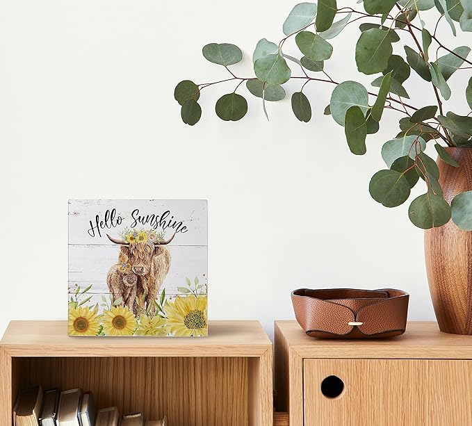 Mtrgdn Summer Decor,Sunflower Highland Cow Decorations, Tiered Tray Decor Western Cow Farmhouse Hello Sunshine Wood Box Sign for Desk Wall Shelf,Gift for Highland Cow Lovers 5x5 Inch