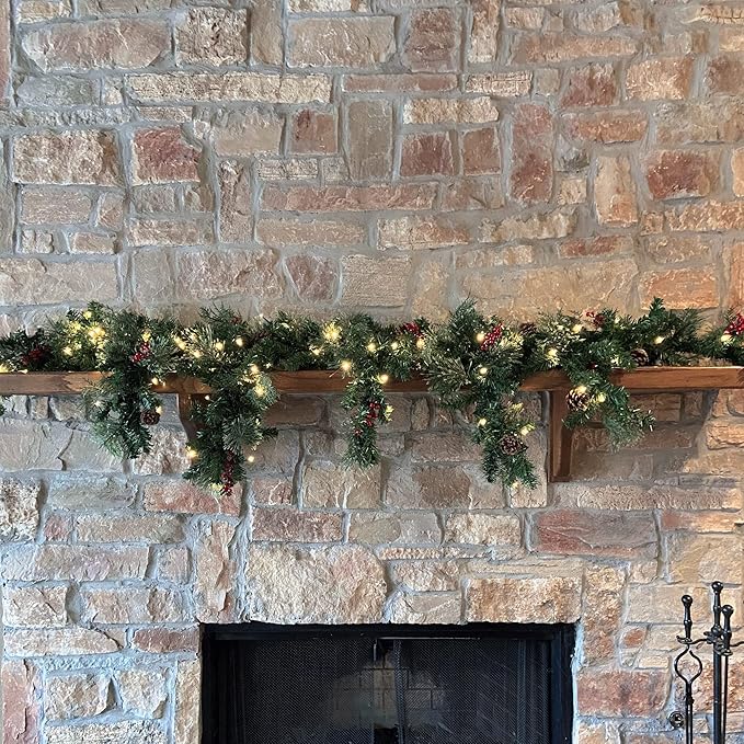 Haute Decor 6 Foot Christmas Pre-lit Holiday Swag for Fireplace Mantels with 100 Energy-Efficient Soft White LED Lights, Faux Berries, Real Pinecones and Built-in Timer