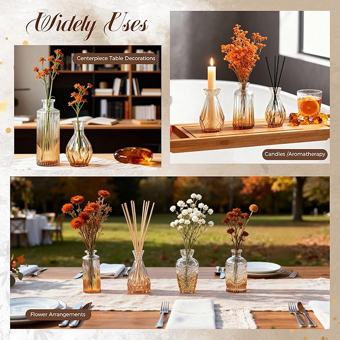Der Rose Amber Glass Bud Vases Set of 20, Small Bud Vases for Flowers, Rustic Wedding Centerpieces and Home Decor