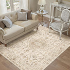 3x5 Beige Area Rug Washable Entryway Vintage Carpet Office Distressed Small Non Slip Low Pile Thin Kitchen Bathroom Medallion Accent Throw Rug Entrance Bedroom Office Living Room Laundry
