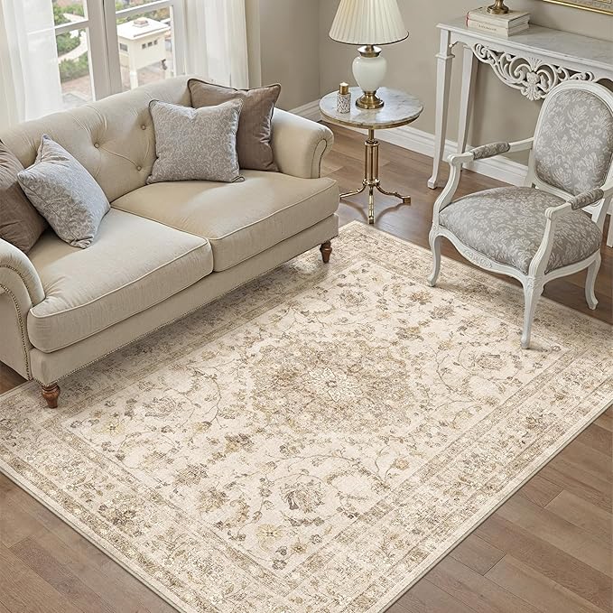 3x5 Beige Area Rug Washable Entryway Vintage Carpet Office Distressed Small Non Slip Low Pile Thin Kitchen Bathroom Medallion Accent Throw Rug Entrance Bedroom Office Living Room Laundry