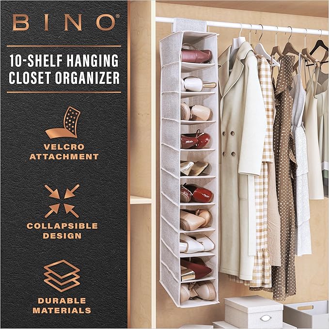 BINO 10-Shelf Shoe Closet Organizer - Beige | Closet Hanging Organizer | Hanging Shoe Rack Storage & Organizer for Bedroom | Hanging Shelves | Portable Closets for Hanging Shoes | Room Essentials