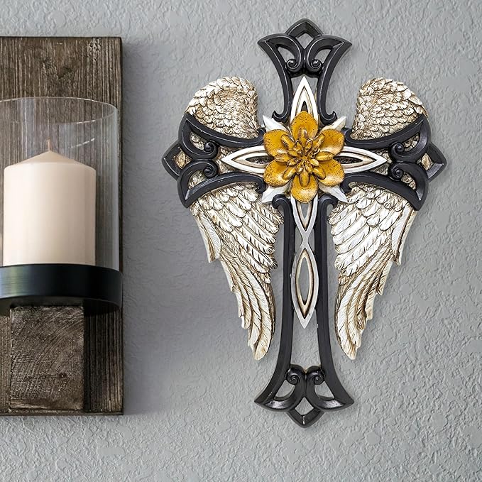 Angel Wings Cross with Flower – Decorative Resin Wall Cross with Elegant Design – Religious Home Décor for Prayer Room or Living Room – Ideal Gift for Birthdays, Christmas, and Special Occasions