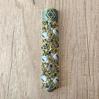 Hand Painted Mezuzah, Exquisite Enamel Mezuzah with Star of David and Blue Crystal Accent