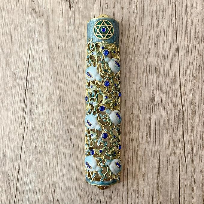 Hand Painted Mezuzah, Exquisite Enamel Mezuzah with Star of David and Blue Crystal Accent