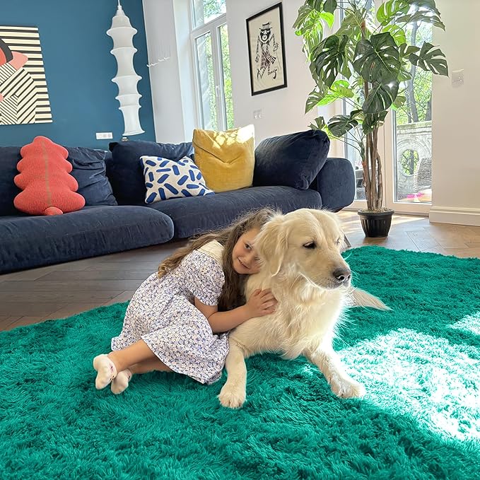 OLANLY 2x6 Machine Washable Runner Rugs for Hallway, Soft Fluffy Shaggy Bedside Rugs for Bedroom, Living Room, Indoor Floor Carpet for Kids Girls and Boys, Home Decor Aesthetic, Teal Green