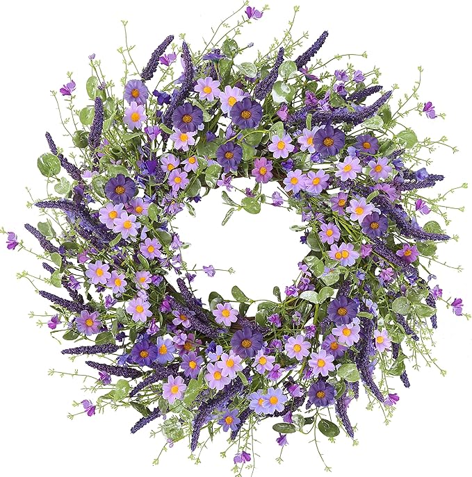 Sggvecsy Purple Daisy Wreath 24 Inch Spring Summer Wreath with Fake Silk Floral Green Eucalyptus Leaves and Lavender for Front Door Window Wall Wedding Farmhouse Festival Decor