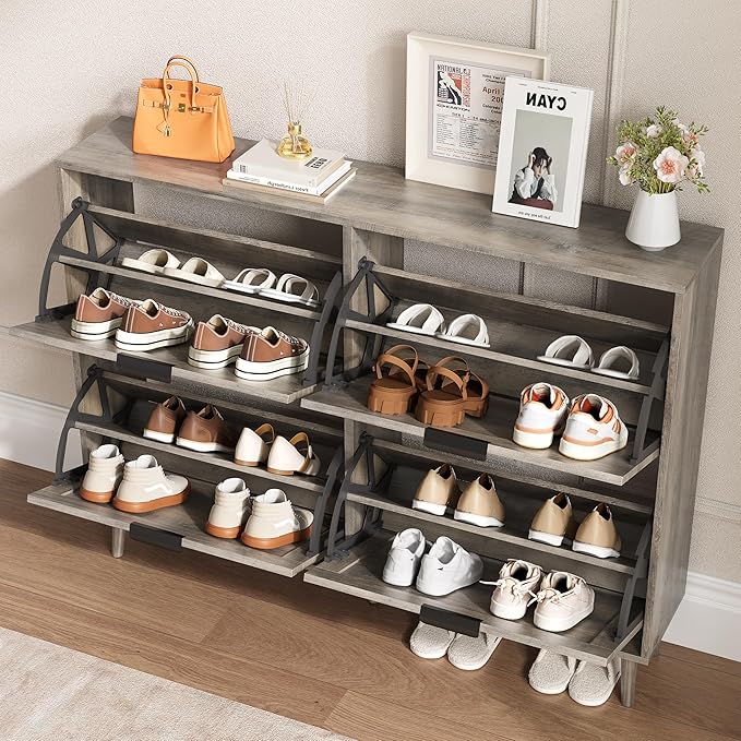 Shoe Cabinet for Entryway with 4 Flip Drawers, Slim Wooden Shoe Storage Organizer with Modern Fluted Pannel，Freestanding Narrow Hidden Shoe Rack for Hallway, Foyer, Living Room