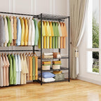 ecobedding Heavy Duty Garment Rack, 900LBS Max Load Freestanding Closet Organizer with 6 Storage Shelves & 3 Adjustable Hanging Rods, Multifunctional (Black, 15.75" D x (69.7~88.2)" W x 79.5" H)
