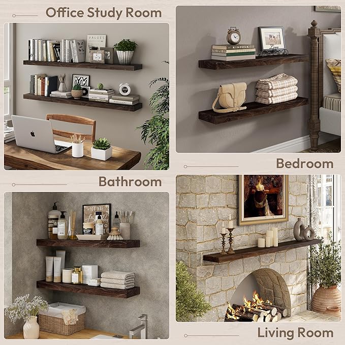 Marsmiles 36 inch Floating Shelves for Wall Solid Elm Wood Shelves|Rustic Wall Shelves with Invisible Heavy-Duty Bracket for Bathroom Living Room Kitchen|Walnut, 2 Pack