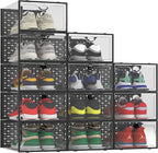 Pinkpum XXL Shoe Storage Box Fit for Size 14, Clear Plastic Stackable Shoe Organizer for Closet 12 Pack, Shoe Containers Sneaker Storage Black