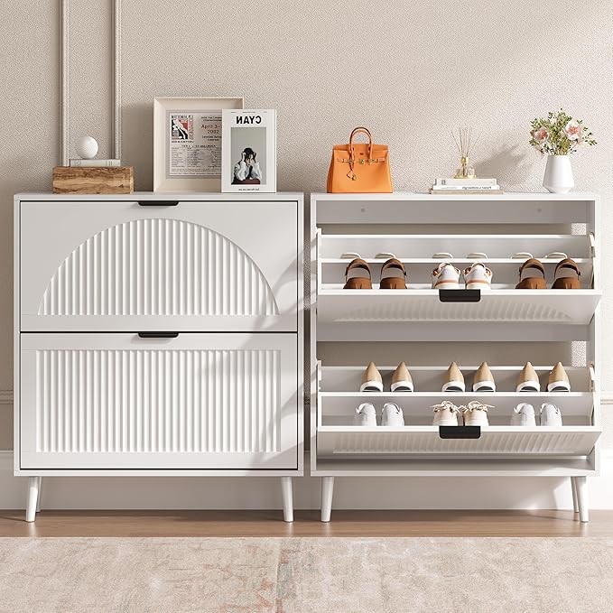 Shoe Cabinet for Entryway with 2 Flip Drawers, Slim Wooden Shoe Storage Organizer with Modern Fluted Pannel，Freestanding Narrow Hidden Shoe Rack for Hallway, Foyer, Living Room