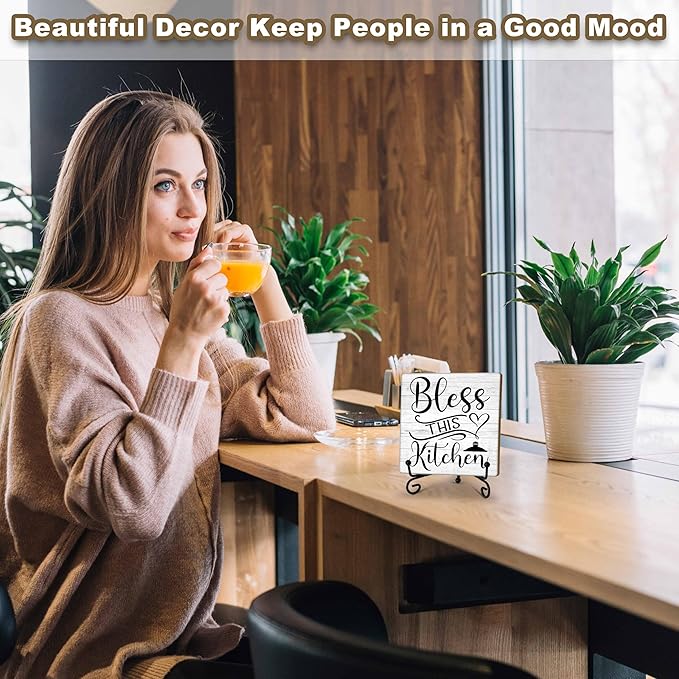 Kitchen Counter Decor, Table Decorations for Dining Room, Blessd Sign, Fun Farmhouse Kitchen Wooden Plaque with Iron Stand for Table Shelf Display-A02