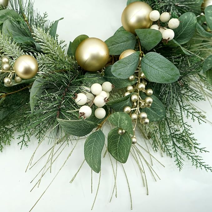 WreathDream 20 inch Artificial Christmas Wreath Winter Wreath for Front Door with Champagne Gold Berry,Christmas Balls for Front Door Farmhouse Indoor Outdoor Holiday Home Decor