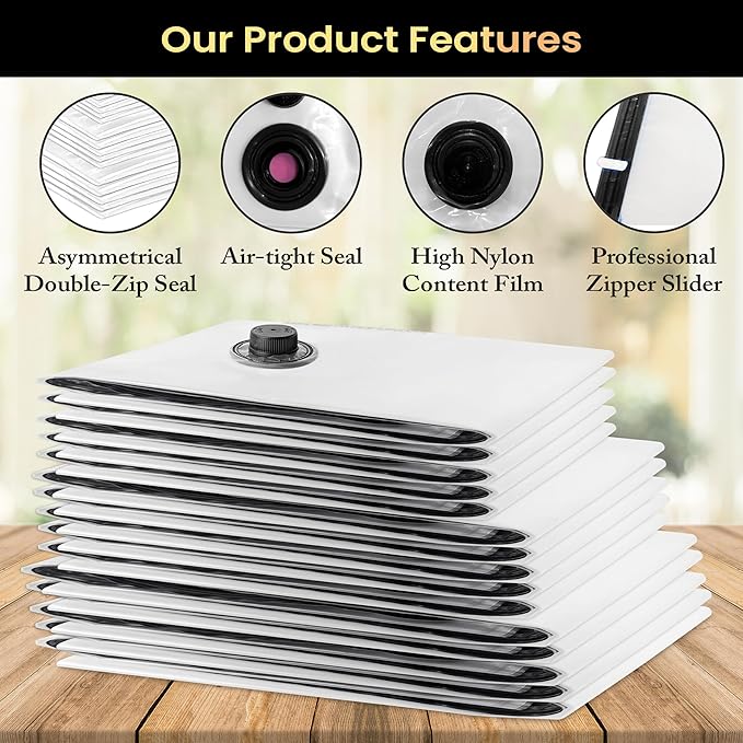 Vacuum Storage Bags 15 Pack with Hand Pump – Heavy Duty Space Saver Compression Bags for Clothes, Bedding, Travel & Home Storage