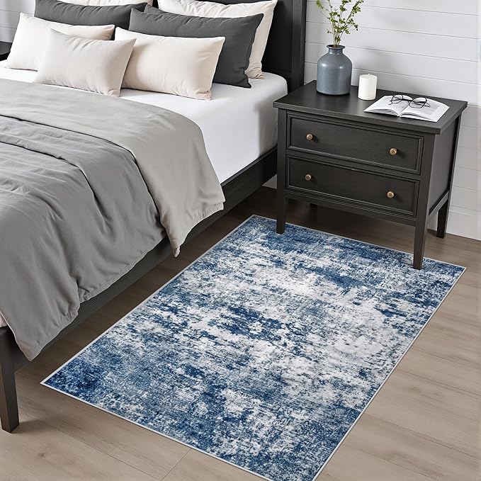 Washable Area Rug 3x5 Entryway Rug: Washable Modern Abstract Soft Thin Rug Indoor Floor No Slip Stain Resistant Carpet for Bedroom Dining Room Farmhouse Nursery Home Office - Blue