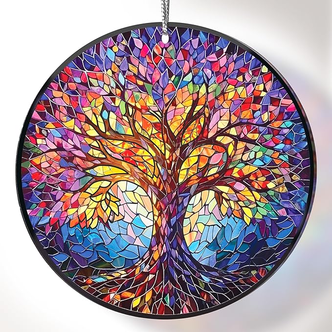 2025 Christmas Ornaments, Christmas Tree Ornaments Acrylic, Faux Stained Glass Effect White Elephant Gifts Exchange, Unique Suncatcher Xmas Stocking Stuffers for Women, Men (Tree of Life)