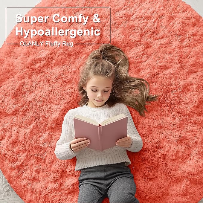OLANLY Coral Red Round Rugs for Bedroom - Machine Washable, 5 ft Circle Area Rugs for Living Room, Soft and Fluffy Shaggy Carpet for Teen Girl and Boys, Nursery Rooms, Dorms, Home Decor Aesthetic