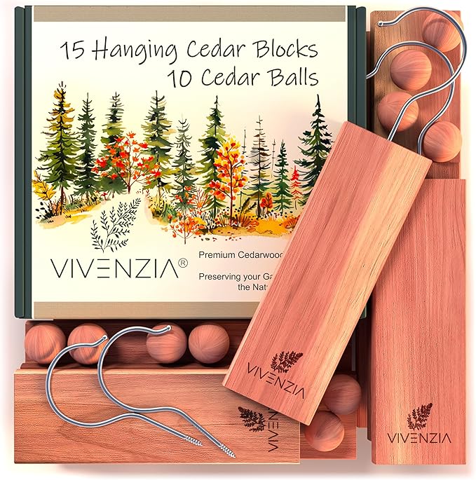 Cedar Blocks for Clothes Storage 25pcs (15 Hang-ups, 10 Balls), Cedar Blocks for Closet, Cedar for Closets, Cedar Planks, Natural Closet Smell Eliminator, Natural Closet Deodorizer