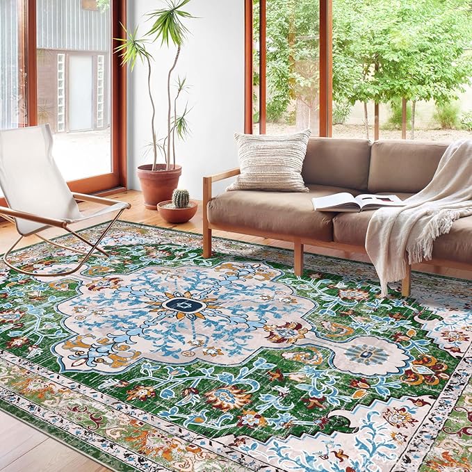 U'Artlines Boho Vintage Area Rug 8x10 Machine Washable Low Pile Soft Floor Carpet Non Slip Non Shedding Accent Rug for Living Room Bedroom Entryway Dining Room Office Green
