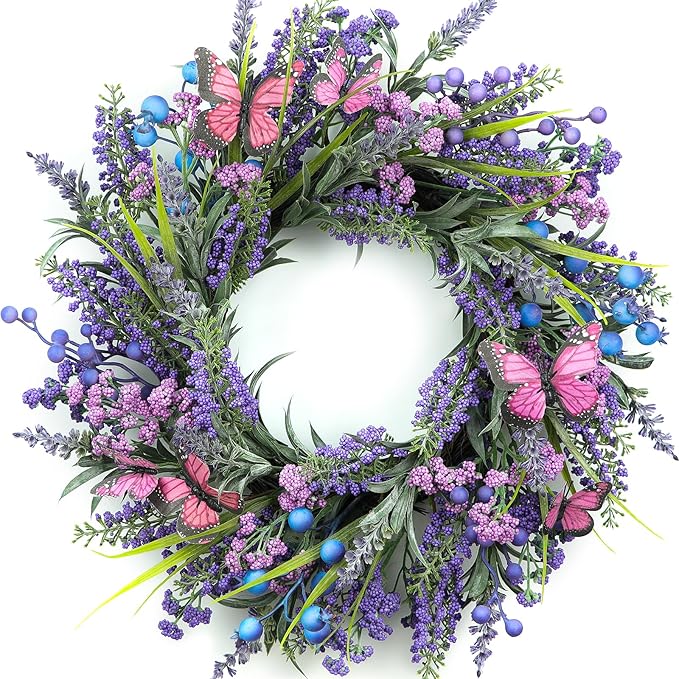 Lavender Wreaths for Front Door 18 Inch Spring Summer Wreath with Lavender,Berries, Butterflies,for Year-Round Use Indoors and Outdoors as Wall, Door, Window, Party and Wedding Decorations
