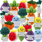 VioraWhite 18 Pcs Fruits Vegetables Positive Emotional Dolls Bulk Encouragement Emotional Knitted Crochet Gifts with Positive Words for Friends Coworker Decorations for Home Office