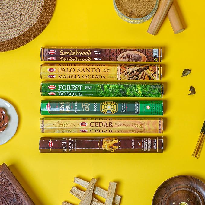 HEM Woody Series Premium Incense Sticks Combo | Sandalwood, Palo Santo, Forest, Feng Shui, Cedar & Madhur Chandan | 120 Sticks, 30-Minute Burn Time | Natural Aroma for Relaxation, Stress Relief