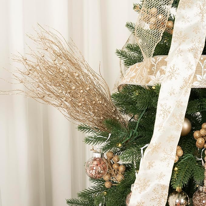 SLK 16-Pack Artificial Glitter Berry Stem Ornaments, Christmas Decorative Glittery Twigs, Picks, Branches for Tree, Wreath, Small Vase, Halloween Party (Champagne Gold)