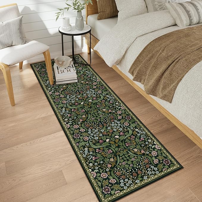 Moynesa Floral Kitchen Runner Rug 2x6, Washable Runners for Hallways Non Slip Green Soft Bathroom Carpet Runner, Boho Ultra Thin Botanical Throw Rug for Laundry Room Entryway, Green