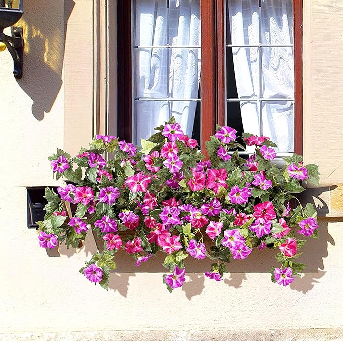 Artificial Fake Flowers Plants for Outdoor Decoration, 2PCS Faux Petunias Silk Flower UV Resistant No Fade Floral for Home Outside Garden Balcony Yard Porch Realistic Indoor Decor (Fuchsia Lotus)