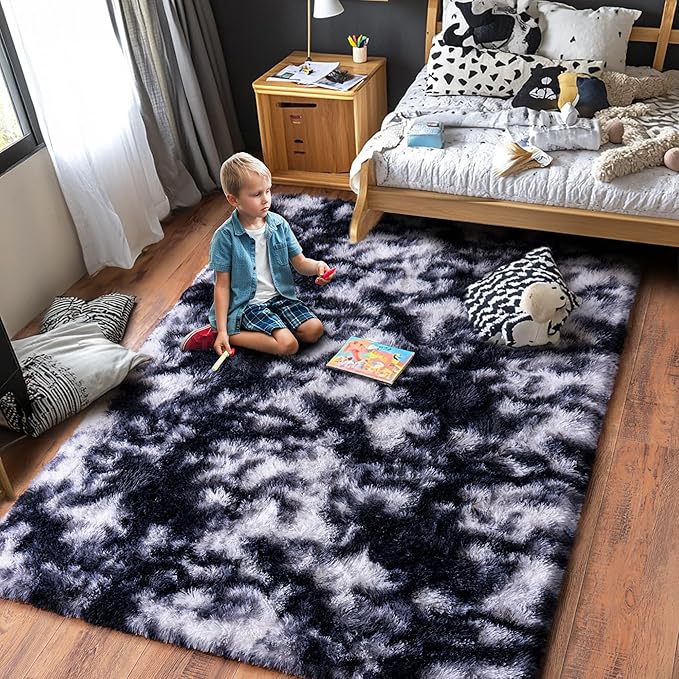 Black and White Rug for Living Room, 8x10 Area Rug for Bedroom, Bedside Indoor Floor Fluffy Shag Carpet, Plush Soft Rug for Boys Girls Kids Room Nursery Dorm Home Decor