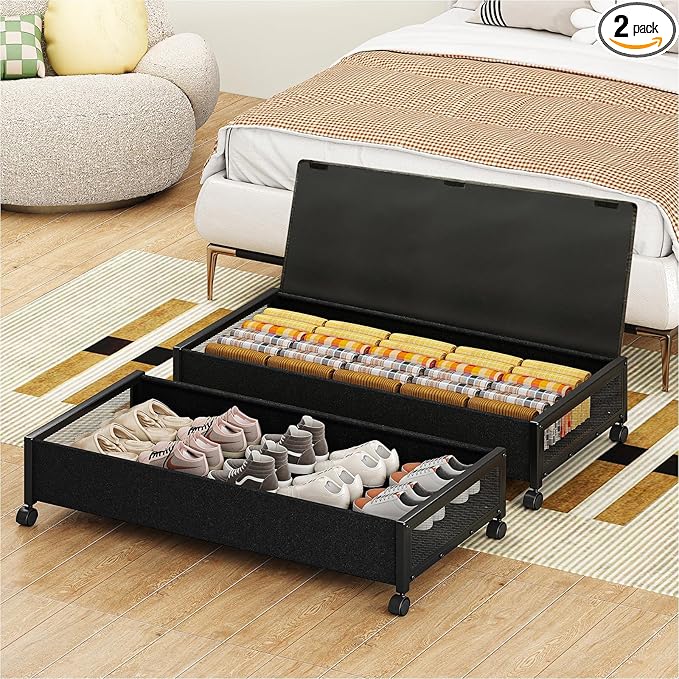 2 Pack Under the Bed Storage Containers,36 inch Long Underbed Storage with Wheels,7.3 inch Height Under Bed Shoe Storage,Large Rolling under bed Clothes Storage Drawers with Lid for Dorm,Black