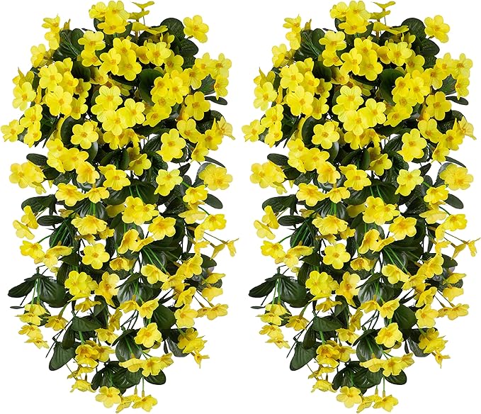Artificial Faux Hanging Plants Flowers for Outdoor Spring Summer Decor, 2 PCS Fake Silk Yellow Daisy Long Vines Orchid UV Resistant Realistic Mums for Outside Home Porch Patio Balcony Planter