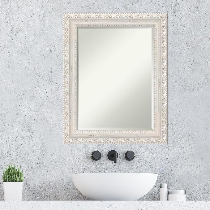 Amanti Art White Wall Mirror 30x24 Opera Off White Rectangle Bathroom Mirror for Wall Decor Living Room, Medium Traditional Wood Frame, Hangs Horizonally and Vertically, Bathroom Decor, Beveled Edge