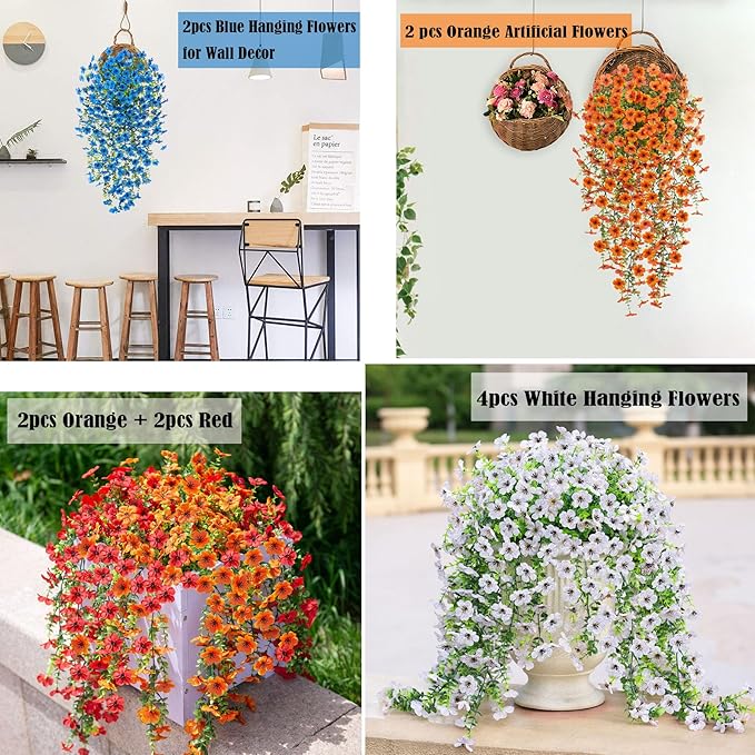 Artificial Hanging Flowers for Outdoors Fake Plants Decoration, 2 Pcs Faux Silk Daisy Flower Realistic Outdoor Flowers UV Resistant Porch Patio Window Yard Indoor Spring Decor(Red)