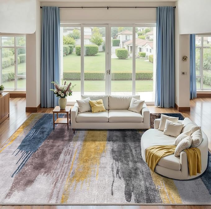 Ciicool Modern Abstract Yellow Grey Rug for Living Room, 9'x12' Machine Washable Area Rug Non-Slip Rug, Low-Pile Contemporary Indoor Dining Floor Carpet for Bedroom Office Under Table Home Decor