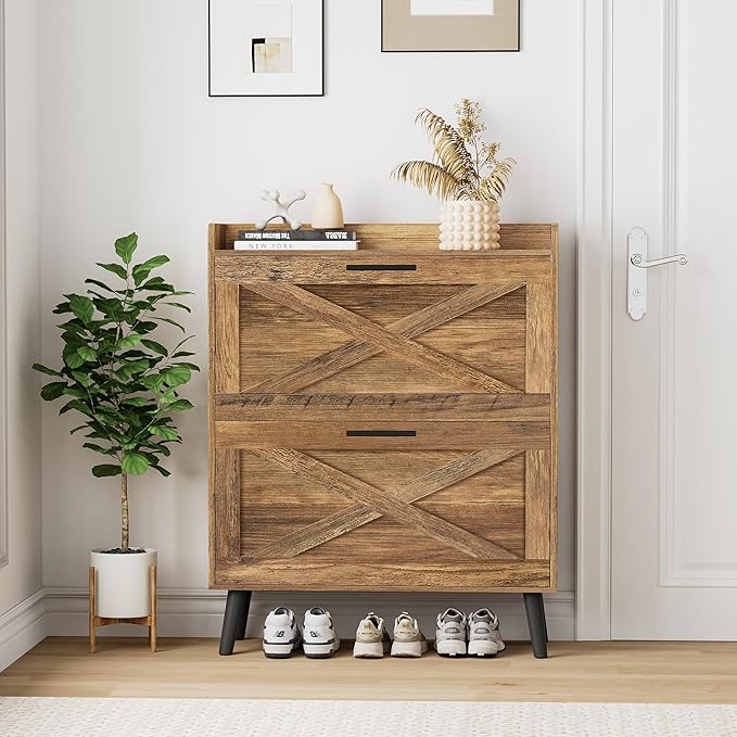 32" W Farmhouse Shoe Storage Cabinet with 2 Flip Drawers and Barn Door Design, Adjustable Shelves, Hidden Slim Narrow Shoe Rack Cabinet for Entryway, Foyer, Hallway, Living Room, Rustic Walnut
