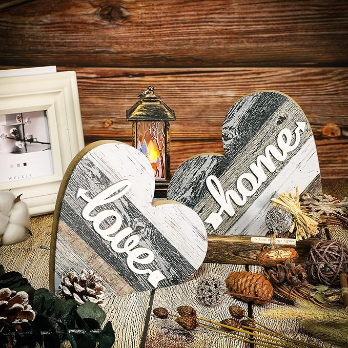 Jetec 2 Pcs Rustic Decorations for Living Room Home Shelf Mantel Entryway Table, Farmhouse Knick Knacks Christian Table Centerpiece Wooden Heart Decor for Dining Room Housewarming Gift(Vintage Style)