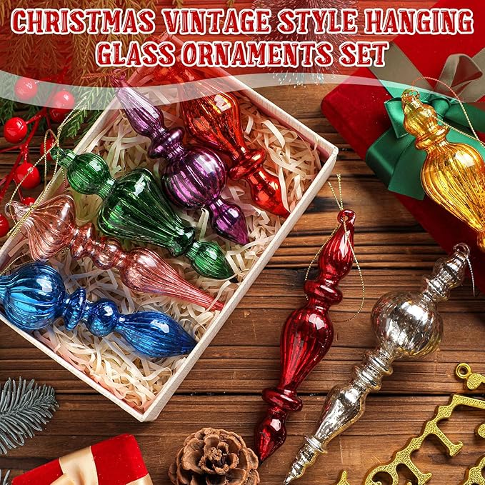 Mifoci 8 Pcs 6 Inch Mercury Glass Finial Christmas Ornaments Hanging Christmas Finials Glass Ornaments Assorted Mercury Decor for Vintage Holiday Xmas Tree Decoration(Mixed Color)