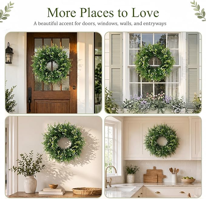 26 Inch Large Artificial Boxwood Wreath for Front Door All Season, Summer Wreaths with 2 Sashes, Baby's Breath, Eucalyptus and Flower Buds, Farmhouse Greenery Decor for Outdoor, Porch, Home
