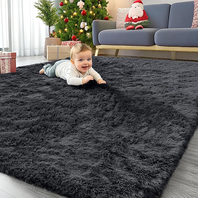 OLANLY 7x12 Machine Washable Large Area Rugs for Living Room, Bedroom, Soft Fluffy Shaggy Bedside Rug, Indoor Floor Carpet for Kids Girls and Boys, Dorms, Nursery, Home Decor Aesthetic, Black