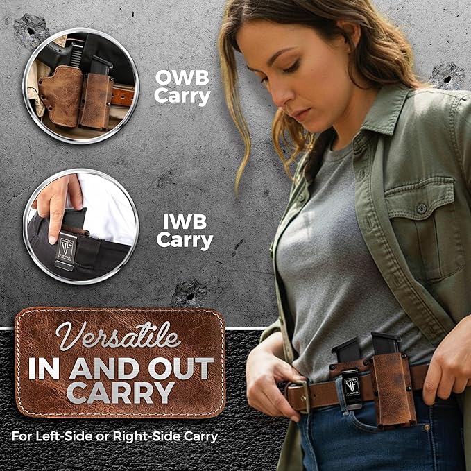 Buffalo Leather Magazine Holder - IWB/OWB Convertible - Right/Left Handed for Men and Women - Premium Mag Belt Pouch - Compatible with Glock & Sig