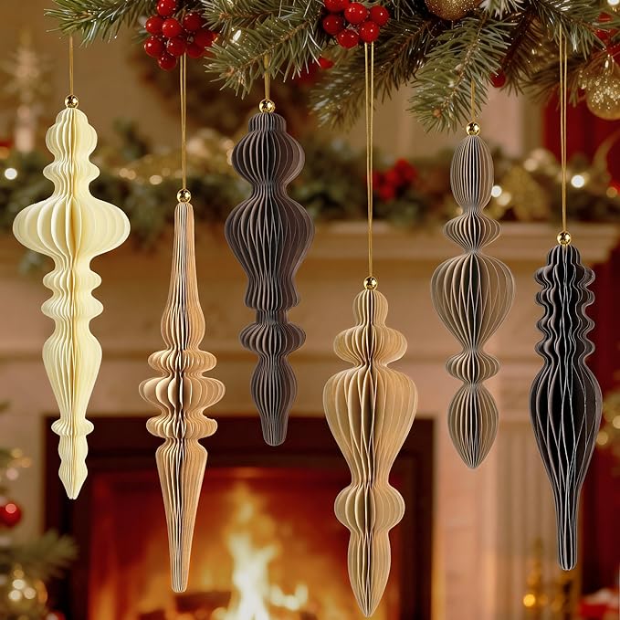 6Pcs Christmas Honeycomb Ornaments for Tree, 3D Paper Honeycomb Hanging Decorations Vintage Finial Christmas Ornaments Lanterns for Xmas Tree New Year Holiday Party Home Decor, Brown Khaki Beige