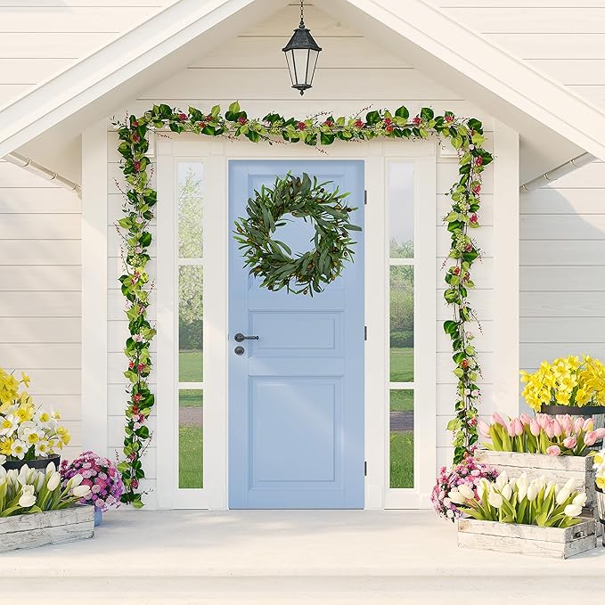 AMF0RESJ 20 inches Artificial Green Olive Wreath Greenery Wreath with Olive Leaves, Bean for Front Door Indoor Outdoor Farmhouse Home Wall Window Festival Wedding Decor, White Gift Box Included